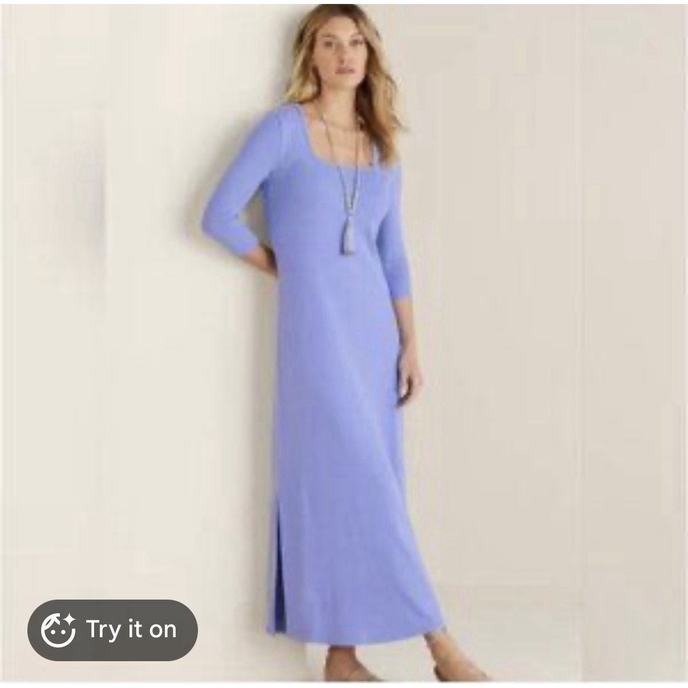 NWT Soft Surroundings Aria Maxi Dress Blue Ribbed 3/4 Sleeve Size Medium